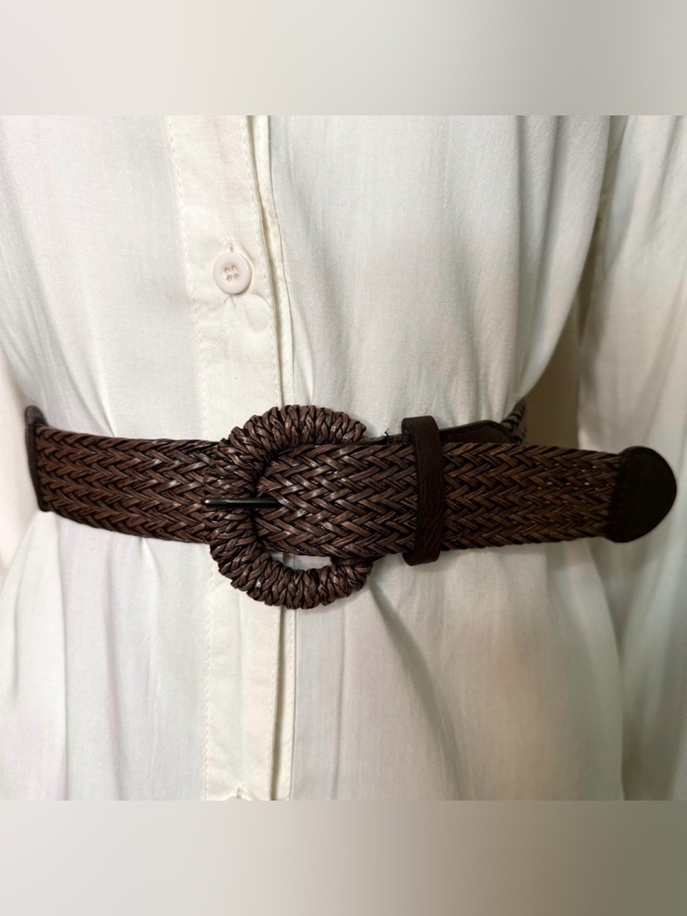 Dark brown braided PU leather elastic waistband skinny belt